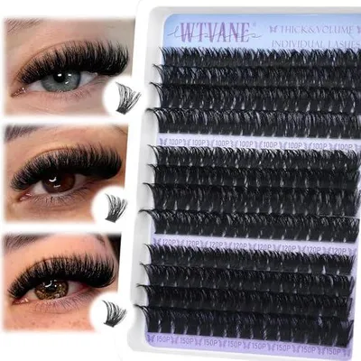 Produktbild von Voluminöse Cluster-Wimpern, Volumen 100D + 120D + 150D, 240 Stück, 12–18 mm, zart gefächert, D-Curl, Einzelwimpern