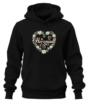 Obrázok produktu pre Herzmadl Edelweiss, kvetinový motív, tradičný bavorský outfit, kožené nohavice, mikina s kapucňou, čierna, veľkosť XXL