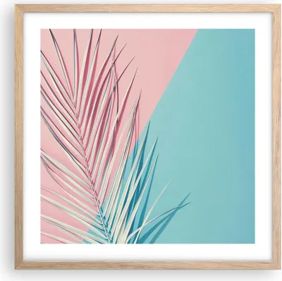 Produktbild von Gerahmtes Poster - Rahmen in heller Eiche - Blatt Rosa Türkis - 50x50 cm - Wand Bild - Wanddeko - Wandbilder - Kunstposter - Wandposter - Bilderrahmen - Bilder - Kunstdruck - P2NAC50x50-4421