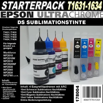 Produktbild von T1631 - T1634 Starterpack mit 4 Patronen + 60ml UltraChrome DS Sublimationstinte für z.B. WF210