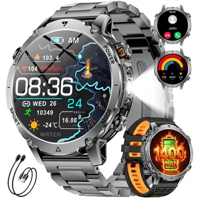 Produktbild von 1400mAh Akku Smartwatch Herren Militär Smart Watch mit Telefonfunktion 110+ Sportmodi IP68 Herzfrequenz Schlafmonitor LED Taschenlampe Grau Schwarz