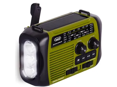 A green and black portable emergency radio with a solar panel and flashlight.