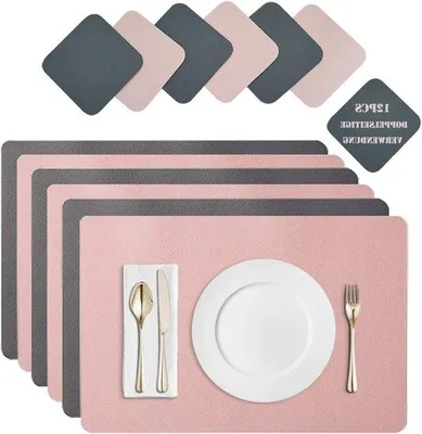 Image de Set de 6 dessous-de-plat et sets de table pour enfants - lavables et essuyables - doublement compactés - 45 x 30 cm - rose + gris foncé