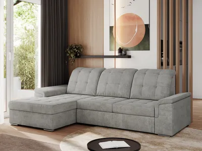 Produktbild von MKS MEBLE Sofa mit Schlaffunktion - Ecksofa mit Schlaffunktion und Bettkasten - Sofa 3 Sitzer - Schlafsofa - Couch - Schlafsofa mit Bettkasten - Madrito L - Hellgrau Struktur - Links Seite