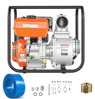 Produktbild von SucceBuy Benzinbetriebene Wasserpumpe 422 GPM, 4-Zoll-Schmutzwasserpumpe mit 8,3 PS, tragbar, inklusive 7,62 m Förderschlauch & Gusseisenlaufrad, ideal für Bewässerung, Entwässerung, Baustellen und Teiche