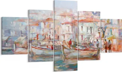 Produktbild von Bild auf Leinwand - Leinwandbild - 5 Teile - Insel Boote Hafen - 125x70cm - Wand Bild - Wanddeko - Wandbilder - Leinwanddruck - Bilder - Wanddekoration - Leinwand bilder - Wandbild - EA125x70-4852