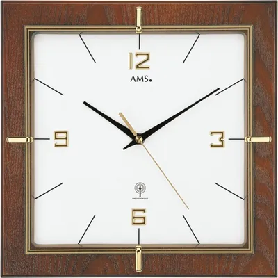 A square wall clock with a wooden frame and a white face.