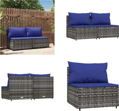 Produktbild von vidaXL Garten Mittelsofas mit Kissen 2 Stk. Grau Poly Rattan - Mittelsofa - Mittelsofas - Sofa - Outdoor Sofa