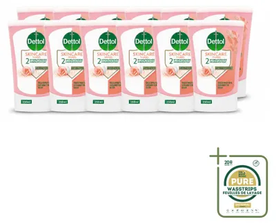 Obrázok produktu pre 12 kusov náplne do dávkovača mydla Dettol bezdotykového typu – vôňa ružovej vody a bambuckého masla – 250 ml – balenie s rezervou – 12 kusov