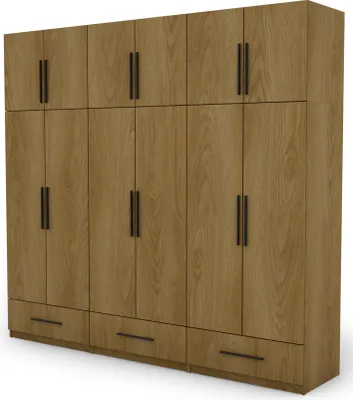 Zdjęcie produktu dla Meblast | Szafa 260x240 cm - Dąb karmelowy - Szafa z półkami, szufladami i drążkiem na ubrania | Naturalny wygląd