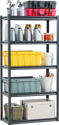 Image de Étagère de stockage VEVOR, 907 kg, étagère enfichable, étagère de garage robuste et réglable en métal, 5 étages, 457,2 x 914,4 x 1828,8 mm, cuisine, atelier, cave, étagère de stockage, noir