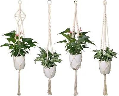 Produktbild von 4er Set Makramee Blumenampel Baumwollseil Hängeampel Blumentopf Pflanzen Halter Aufhänger für Innen Außen Decken Balkone Wanddekoration - 41 Zoll, 4 Beine