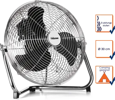 A chrome floor fan with a black fan blade, shown from the front-left. To the right of the fan are three marketing icons with text.
