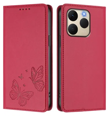 Image de Étui en cuir pour Realme 15T 5G, motif papillon, étui à rabat avec porte-appareil, rouge