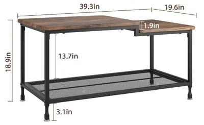 Immagine prodotto di Tavolino industriale - Tavolino rettangolare a 2 piani per il soggiorno - Piano in legno rustico - Struttura in metallo con ripiano a griglia - Con spazio contenitivo - Marrone