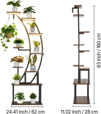 Two plant stands are shown, one with plants and lights, and another without plants, with dimensions indicated.