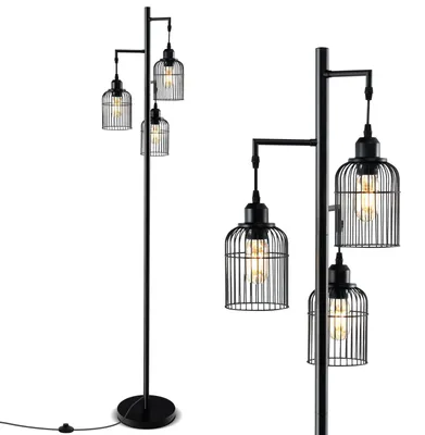 Produktbild von 3-köpfige Stehlampe, 169 cm hohe moderne Leselampe mit Käfiglampenschirmen & Fußschalter, hohe Zimmerbeleuchtung, ohne Glühbirnen, Schwarz