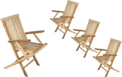 Produktbild von 4er Set Balkonstuhl Mallorca, Teakholz massiv, zusammenklappbarer Gartenstuhl mit Armlehnen, Klappstuhl für Balkon, Garten & Terrasse