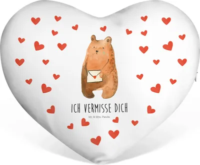 Produktbild von Mr. & Mrs. Panda Dekokissen Bär Liebesbrief - Weiß - Geschenk, Sofakissen, Liebeskummer, Sehnsucht, Herzkissen, Freund, Teddy, Kissen Herz, Kuschelkissen, Freundin