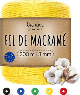 Image de Creative Deco 3mm x 200m Corde Macramé Jaune - Fil de Coton et Polyester