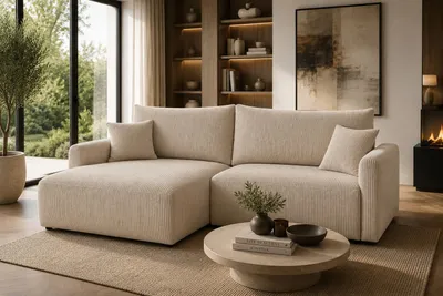 Produktbild von Ecksofa FLUFFY L-Form, Universal, Modernes Bettsofa mit Schlaffunktion und Bettkasten, Schlafsofa, Couch beidseitig montierbar, BEIGE - POSO 100, KI-generiertes Bild