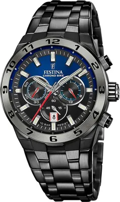 A close-up studio shot of a men's chronograph watch with a black metal band and a blue dial.