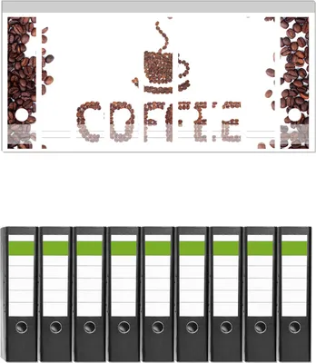 Produktbild von Wallario 9 Stück breite Ordner inkl. Klebeetiketten mit Motive Kaffee Schrift aus Kaffeebohnen -  Set mit Rückenschildern / Ordnerrücken Stickern