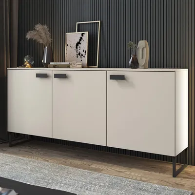 Image de Reano - Buffet, 184x40x86h cm Beige, 3 Tiroirs