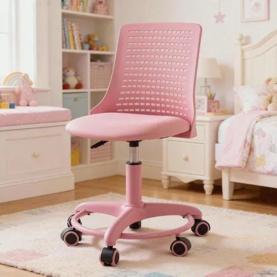 Zdjęcie produktu dla Krzesło biurowe dla dzieci, regulowane (wysokość 39-49 cm), obrotowe, siedzisko z ekoskóry, ergonomiczne, kolor różowy -