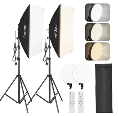 Produktbild von Studio-Beleuchtungsset: Softbox-Set mit 2 Softboxen (50 x 70 cm) + 2 zweifarbigen 80-W-LED-Videoleuchten + 2 Metallstativen + Fernbedienung