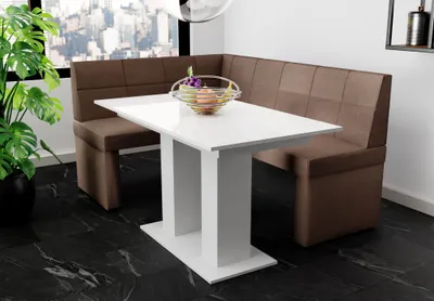 Productafbeelding van Eckbankset 168x128 cm BLAKE R, bekleding: stof Soro, kleur: bruin / Eettafel DANTE, kleur: wit, afwerking: hoogglans