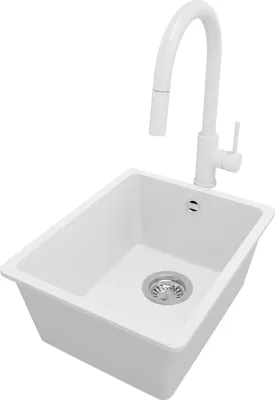 Produktbild von PRIMAGRAN Granitspüle Weiß 36x44cm, Spülbecken 1 Becken + Küchenarmatur 40x20cm + Ablauf-Set, Küchenspüle ab 40er Unterschrank - Venedig Slim Easy