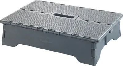 A gray folding step stool is shown from a slightly elevated front-left angle.