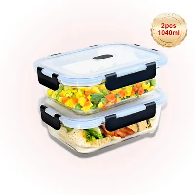 Immagine prodotto di Contenitori per alimenti - Contenitori in vetro con coperchio - Set da 2 - 1040 ml - Ermetici e a prova di perdite - Senza BPA - Adatti al lavaggio in lavastoviglie - Neri