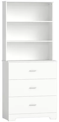 Produktbild von Bücherschrank Hochschrank Vitrinenschrank mit 3 Schubladen, 3 offen Regalen, für Wohnzimmer Küche, 79x39,5x180 cm, Weiß