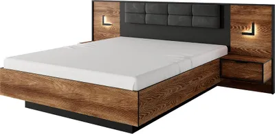 Produktbild von Schlafzimmer-Set 3-teilig mit Bett 160x200 cm, Lattenrost & 2 Nachttische mit Beleuchtung, Kastanie mit anthrazit - MEZZANA-167