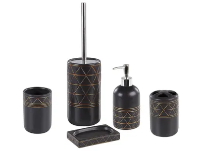 Produktbild von BELIANI Badezimmer Set Schwarz Gold Keramik 5-teilig Trinkglas Seifenschale Seifenspdender Toilettenbürste Zahnbürstenhalter Badezimmer