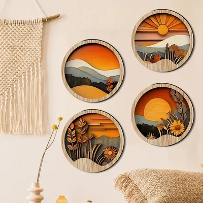 Produktbild von 4 Stück Holz Boho Wand Deko, Wanddekoobjekt Runde Bauernhof Wanddeko für Wohnzimmer, Stil A
