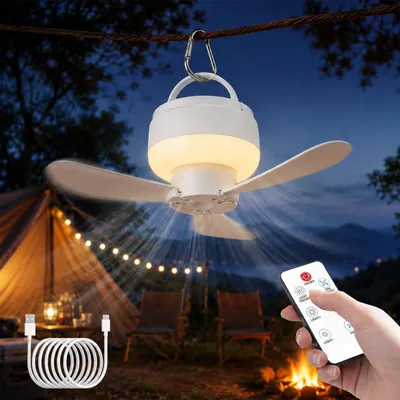 Produktbild von Akku Camping Ventilator mit LED Lampe, tragbarer USB Ventilator für Zelt, Wohnmobil und Garten, hängender Outdoor Ventilator mit 5 Stufen