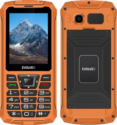 A front and back view of an orange EVOLVEO StrongPhone Z6.