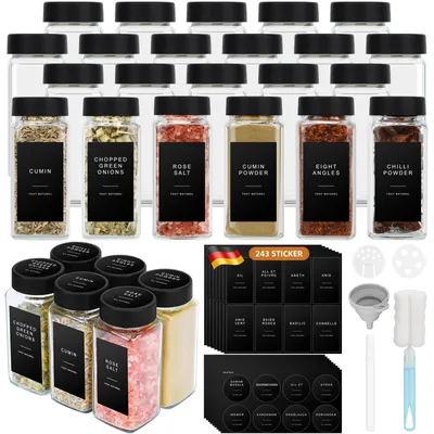 Image de Pots à épices carrés - 24 x 120 ml - Verre avec couvercle noir - Étiquettes et entonnoir