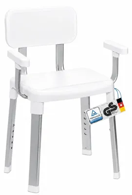 Immagine prodotto di Sgabello per doccia con schienale e braccioli - Bianco - Antiscivolo - Portata fino a 150 kg - Per anziani e persone con mobilità ridotta