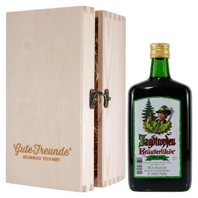 Produktbild von Jagdtropfen Kräuterlikör mit Geschenk-Holzkiste