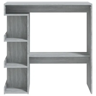 A studio shot of a gray bar table with shelves.