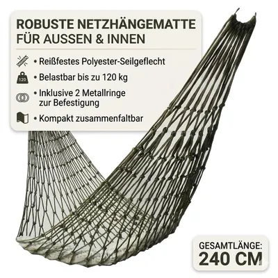 Zdjęcie produktu dla Hamak z siatki nylonowej 240 cm – hamak turystyczny na zewnątrz, ultralekki, oliwkowy