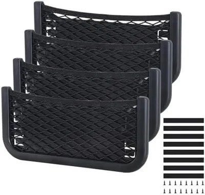 Produktbild von 3 in 1 Auto Aufbewahrungsnetz, 4 Stück 26 x 12cm Selbstklebendes Netztasche Auto, Elastisch Ablagenetz mit Gummiband und Schraube, Kofferraum Netztasche Gepäcknetz für Wohnmobil, Boote, Zuhause