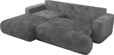 A dark gray corduroy sectional sofa with a chaise lounge is shown against a white background.