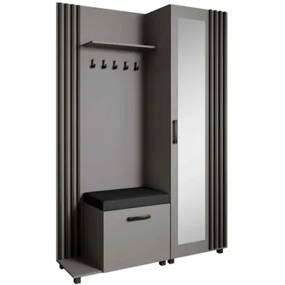Produktbild von Garderoben-Set LIVIA Links Graphit– Garderobenschrank mit Spiegel, Aufhängern, Schuhschrank mit schwarzen Sitzkissen, Lamellen in Schwarz, Hochschrank