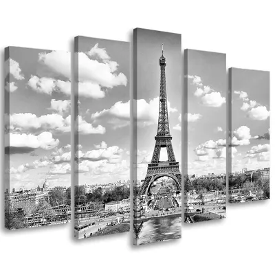 Produktbild von 5-teiliges leinwandbild schwarzer und weißer eiffelturm 200x100 cm Feeby grau wandbild bereit zum aufhängen