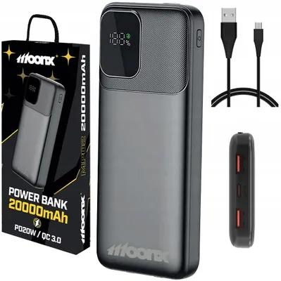 Immagine prodotto di Power bank rapido da 20000 mAh, ideale per caricare il telefono, con 2 porte USB-A e 1 porta USB-C, potenza di 22,5W, molto potente